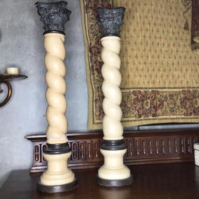 131 - Pair of Heavy Pillar Candle Sticks - Bronze & Composite