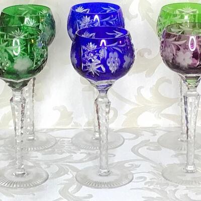 161 - (6) Lead Crystal Wine Glasses - Multi-Color Cut To Clear