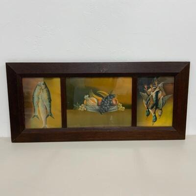 -144- VINTAGE | Three Scene Still Life Framed Art | Fish | Ducks | Fruit