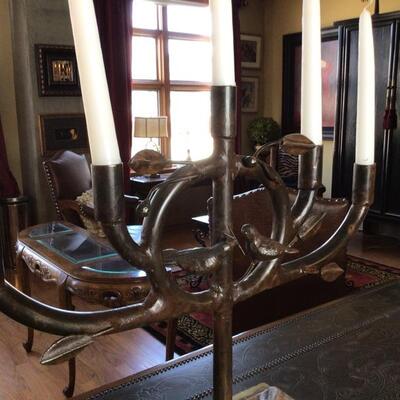169 - Jan Barboglio 5 Tier Rustic Metal Candelabra w/ Bronze Color Finish