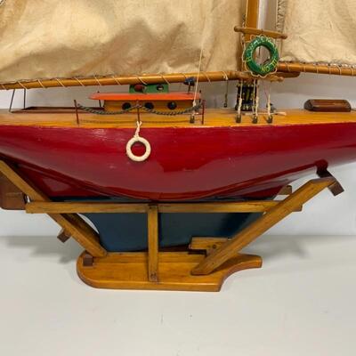 -148- VINTAGE | Large Hand-Crafted Wooden Sailboat Model