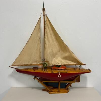 -148- VINTAGE | Large Hand-Crafted Wooden Sailboat Model