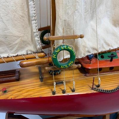 -148- VINTAGE | Large Hand-Crafted Wooden Sailboat Model