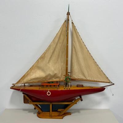 -148- VINTAGE | Large Hand-Crafted Wooden Sailboat Model
