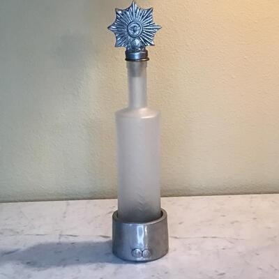179 - Jan Barboglio Frosted Decanter Bottle w/ Iron Topper/Stopper & Coaster