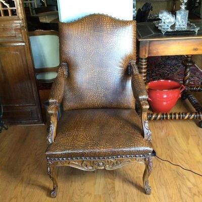 182 - Faux Alligator & Nailhead Trimmed Arm Chair -  Heavily Carved  #1