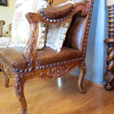 182 - Faux Alligator & Nailhead Trimmed Arm Chair -  Heavily Carved  #1