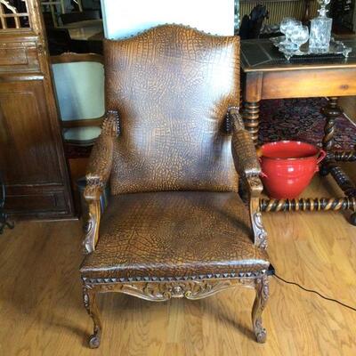 183 - Faux Alligator & Nailhead Trim Arm Chair - Heavily Carved  #2