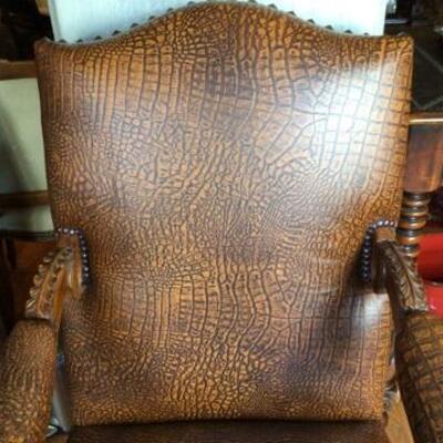 183 - Faux Alligator & Nailhead Trim Arm Chair - Heavily Carved  #2