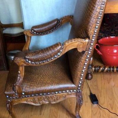 183 - Faux Alligator & Nailhead Trim Arm Chair - Heavily Carved  #2