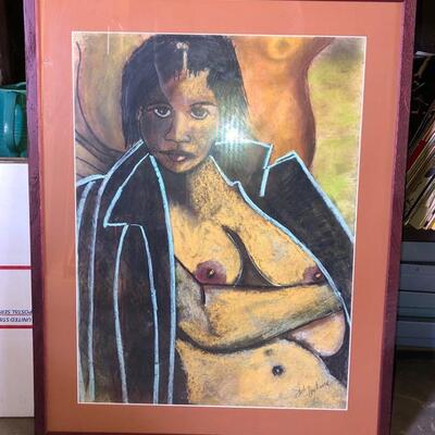 Lot 15 Pastel Drawing by Artist Sid Hoskins Framed Under Glass Naked Woman with Coat