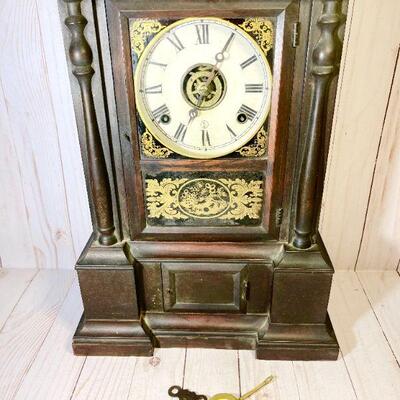 Lot 57 Antique Mantel Clock w/Key & Pendulum Wood