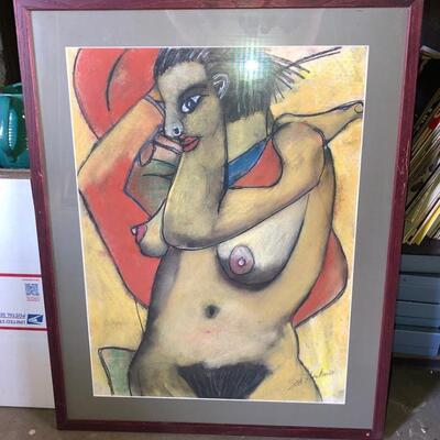 Lot 88 Pastel Drawing by Long Beach Artist Sid Hoskins Framed Naked Female Abstract