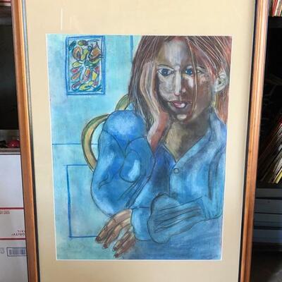 Lot 95 Pastel Drawing by Long Beach Artist Sid Hoskins Framed "Blue Gal"