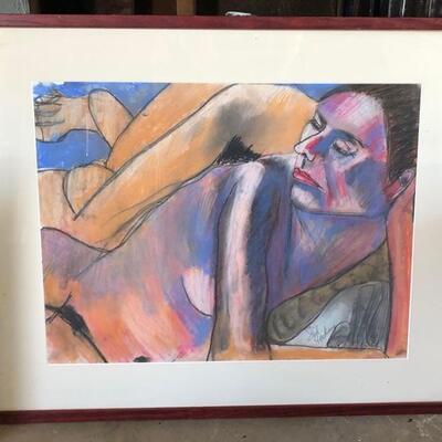Lot 99 Pastel Drawing by Long Beach Artist Sid Hoskins Framed "What?"