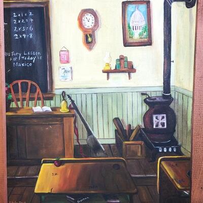 Lot 106 Vintage Acrylic Painting Old Fashioned School Room w/ Rustic Frame Artist Signed