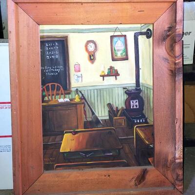 Lot 106 Vintage Acrylic Painting Old Fashioned School Room w/ Rustic Frame Artist Signed