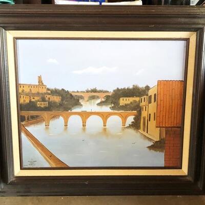 Lot 107 Painting European Bridge Over River Buildings Yanez D. 1982