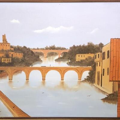 Lot 107 Painting European Bridge Over River Buildings Yanez D. 1982