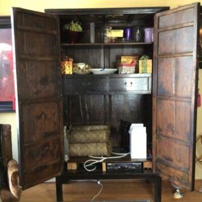 195 - Black Lacquer Chinese Wedding Cabinet - TV Storage  
