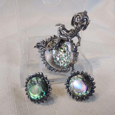 Vintage Sterling Silver & Abalone Pixie Set