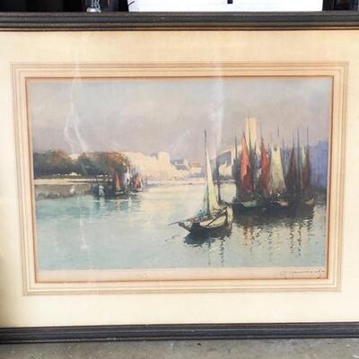 ART 36 Framed Print Boats on Water Europe or Middle East Pencil Signed