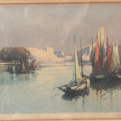 ART 36 Framed Print Boats on Water Europe or Middle East Pencil Signed