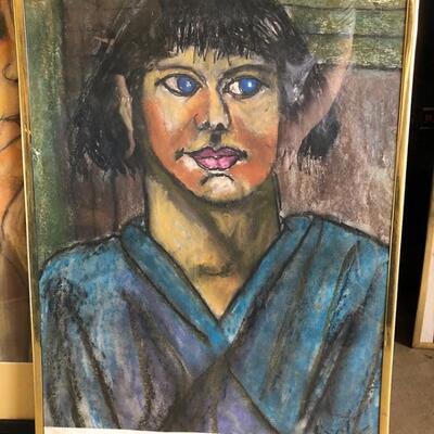 ART 38 Pastel Drawing by Sid Hoskins Long Beach Artist Framed Woman Bobbed Hair