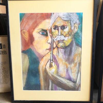 ART 45 Pastel Drawing by Sid Hoskins Long Beach Artist Shooting Pool