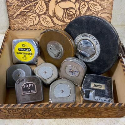 -168- VINTAGE | 9 Measuring Tapes in a Decorated Cigar Box