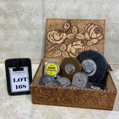 -168- VINTAGE | 9 Measuring Tapes in a Decorated Cigar Box