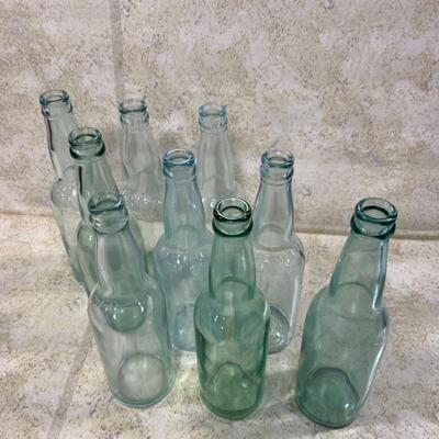 -177- VINTAGE | Nine Green Glass Bottles | Beer | Soda | Blue