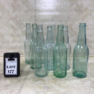 -177- VINTAGE | Nine Green Glass Bottles | Beer | Soda | Blue