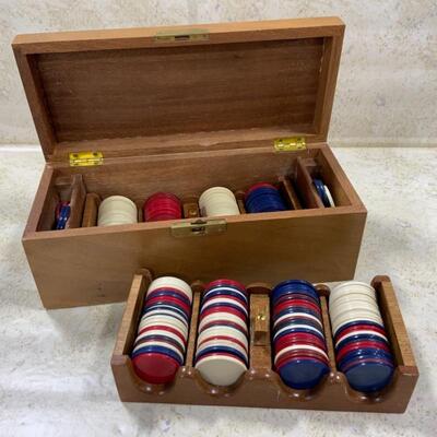 -184- VINTAGE | German Wood Box | Two Trays | Poker Chips