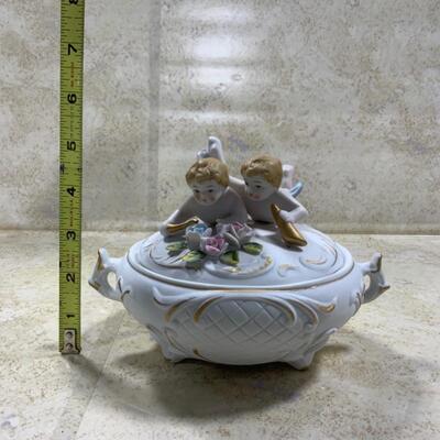 -214- Porcelain Figures | Bisque Cherubs Covered Dish