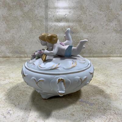 -214- Porcelain Figures | Bisque Cherubs Covered Dish