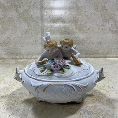 -214- Porcelain Figures | Bisque Cherubs Covered Dish