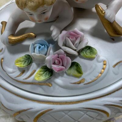-214- Porcelain Figures | Bisque Cherubs Covered Dish