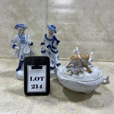 -214- Porcelain Figures | Bisque Cherubs Covered Dish