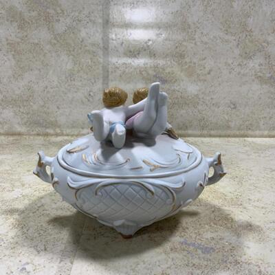 -214- Porcelain Figures | Bisque Cherubs Covered Dish