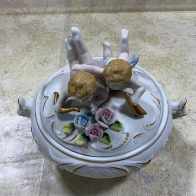 -214- Porcelain Figures | Bisque Cherubs Covered Dish