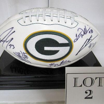 Green Pay Packers Football in Acrylic Case - Unknown Unverified Signatures - Please read description.