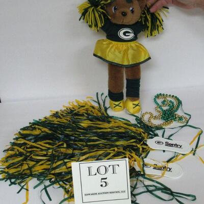 GB Packers Plush Girl Cheerleader Doll 1990s, 2 Advertising PomPoms, 2 Plastic Bead Necklaces