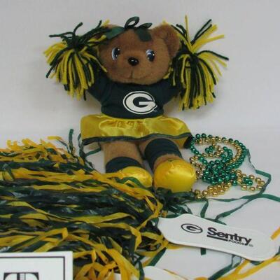GB Packers Plush Girl Cheerleader Doll 1990s, 2 Advertising PomPoms, 2 Plastic Bead Necklaces