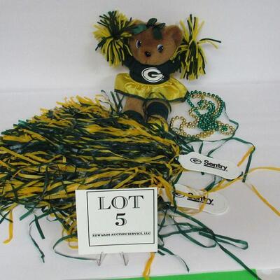 GB Packers Plush Girl Cheerleader Doll 1990s, 2 Advertising PomPoms, 2 Plastic Bead Necklaces