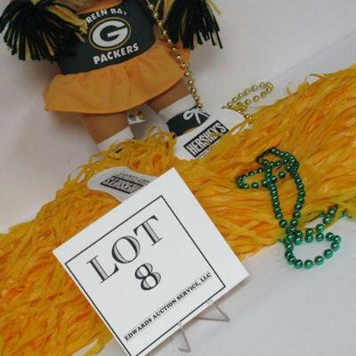 1990s GB Packers Girl Cheerleader Plush Doll, 2 Advertising PomPoms, 2 Plastic Bead Necklaces