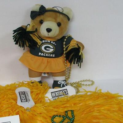 1990s GB Packers Girl Cheerleader Plush Doll, 2 Advertising PomPoms, 2 Plastic Bead Necklaces