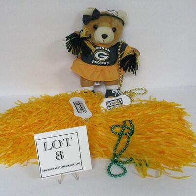 1990s GB Packers Girl Cheerleader Plush Doll, 2 Advertising PomPoms, 2 Plastic Bead Necklaces