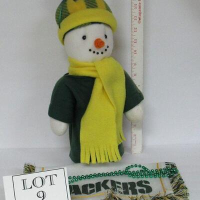 GB Packers Snowman, Hand Made Craft Art, and Packers Fringed Fabric Piece, Plastic Necklace