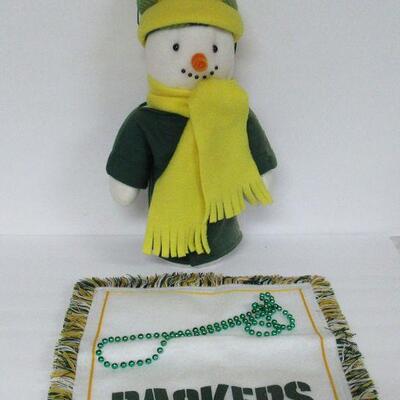 GB Packers Snowman, Hand Made Craft Art, and Packers Fringed Fabric Piece, Plastic Necklace